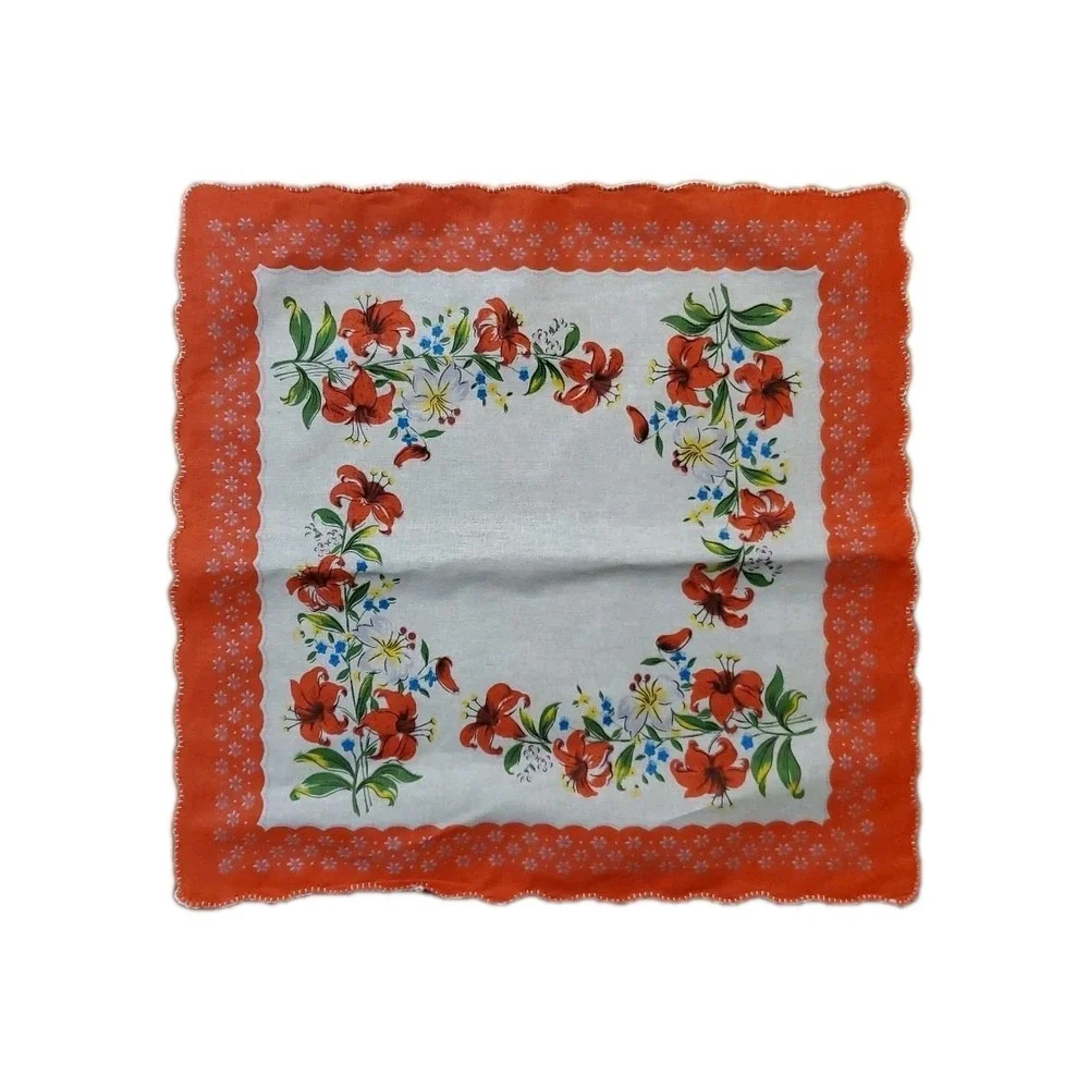 Linen‎ Red Lily Floral Handkerchief Scalloped Cottage Core Bridesmaid Granny